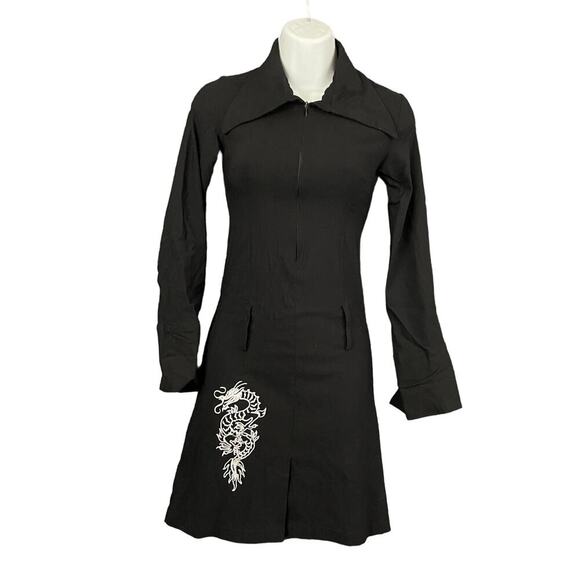 VTG Embroidered Dragon Collared Stretch Dress 38 US S 1/2 Zip Y2K 90s SMALL - Picture 1 of 9